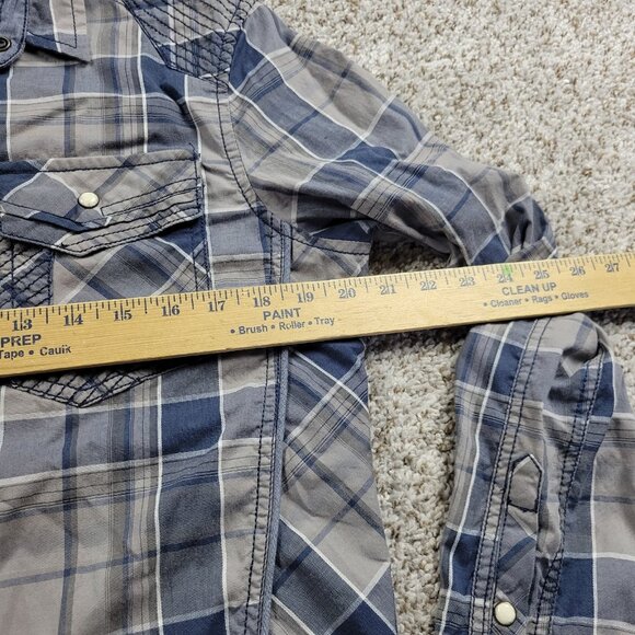 Buckle Black Pearl Snap Shirt Mens Medium Gray Blue Plaid Long Sleeve Standard - Picture 4 of 7
